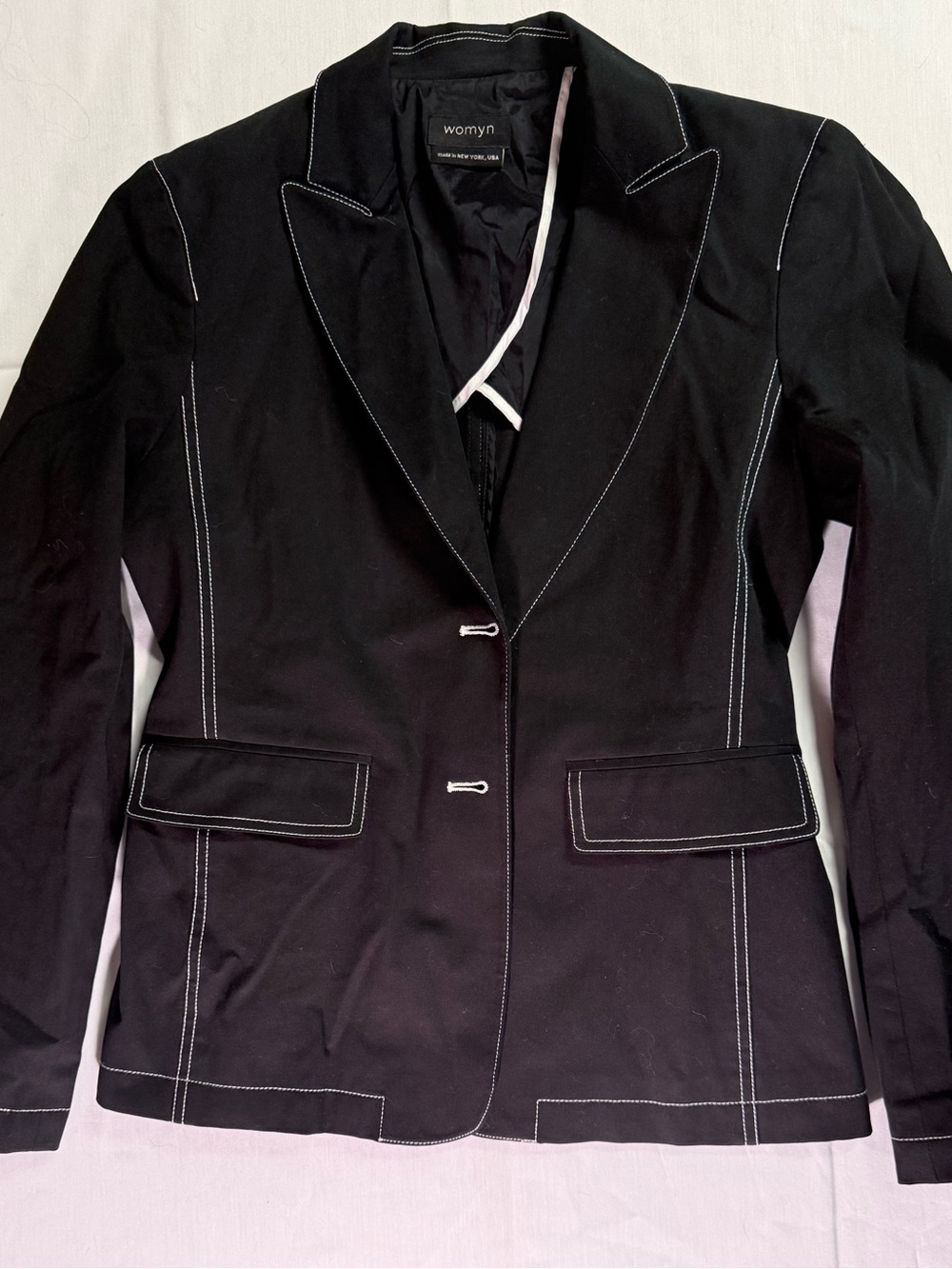 Womyn Black Blazer with White Contrast Stitching